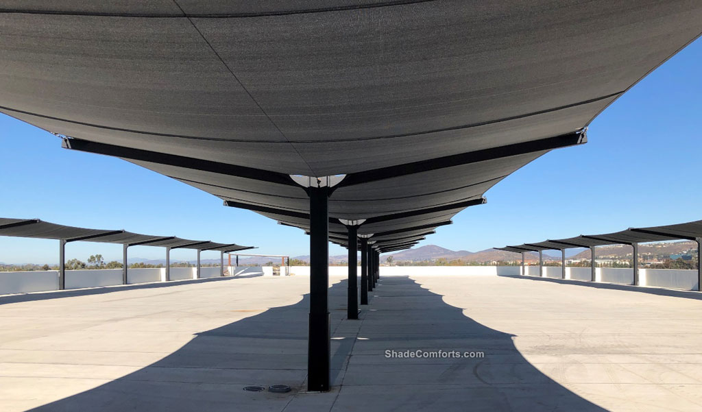 Parking shade structures on rooftop parking garage