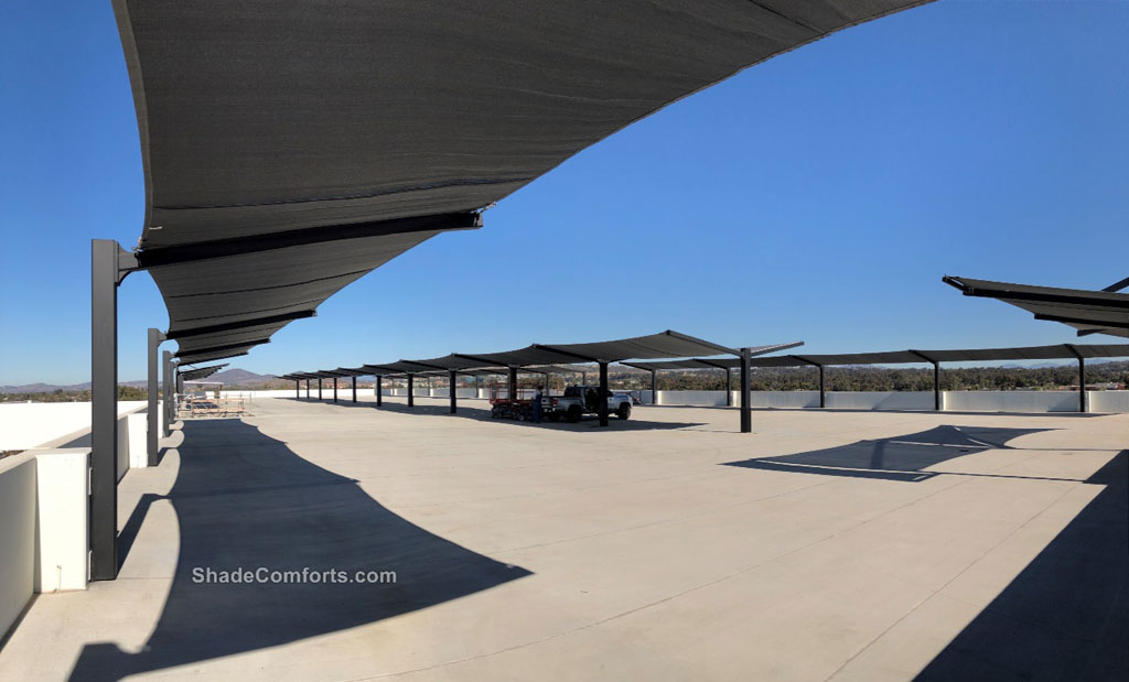 Fabric shade structures on rooftop parking garage