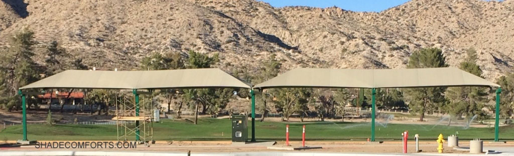 This fabric shade canopy covers the driving range at a San Bernardino County golf course in Yucca Valley, CA. 