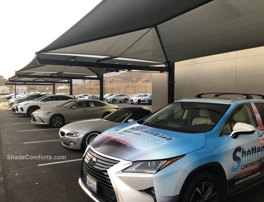 Parking lot sunshade at auto dealership