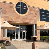 Permanent shade umbrellas cool the front entrance to St. Jude Heritage Medical Group in Orange County, CA. Each 13’x13’ waterproof PVC fabric is suspended below a cantilevered beam.