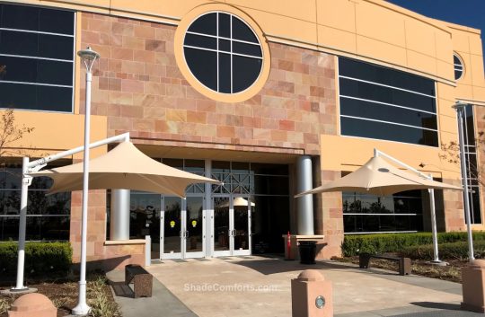 Permanent shade umbrellas cool the front entrance to St. Jude Heritage Medical Group in Orange County, CA. Each 13’x13’ waterproof PVC fabric is suspended below a cantilevered beam.