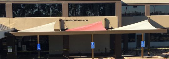 These shade sails cover the front walkway of a Los Angeles suburban hospital.