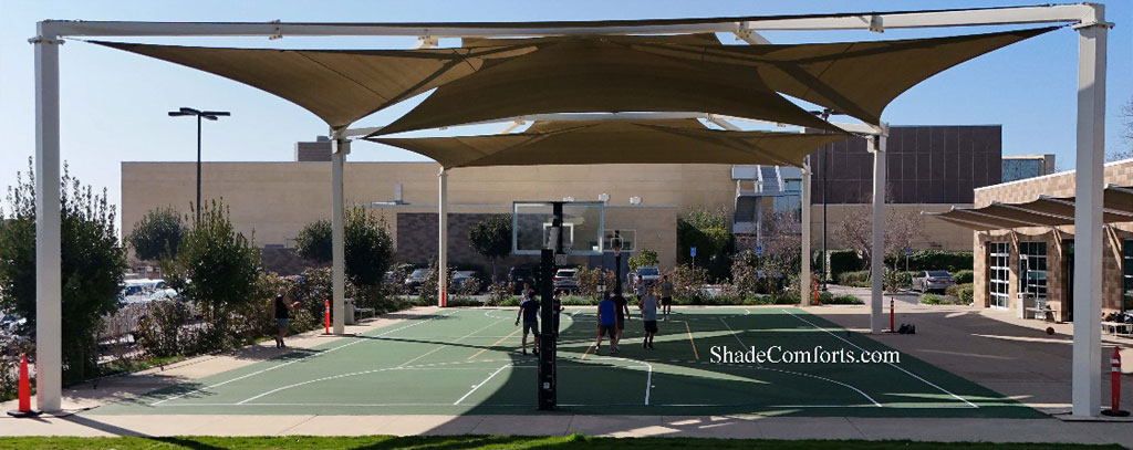 Basketball court shade sail structure design, engineering, manufacturing, and construction.
