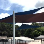 This shade sail structure cools the skateboard rink at a Los Angeles County park.