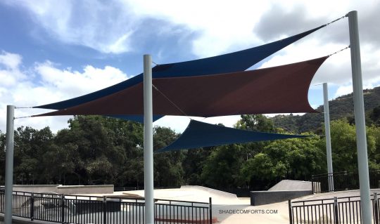 This shade sail structure cools the skateboard rink at a Los Angeles County park.