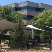 This tensile structure shades the employee patio in the central courtyard of a large commercial office park east of Oakland, CA. It has four hypar shade sails.