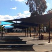 This tensile structure shades 4,950 square feet of patio space at a manufacturing company in the San Francisco Bay area. We were the design build contractor.